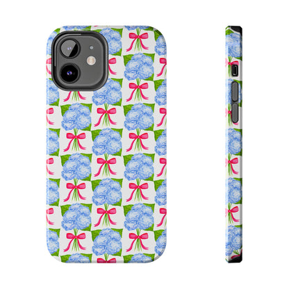 Blue Watercolor Hydrangea Bouquets with Hot Pink Bows Illustrated Patterned Tough Phone Case | Various Models