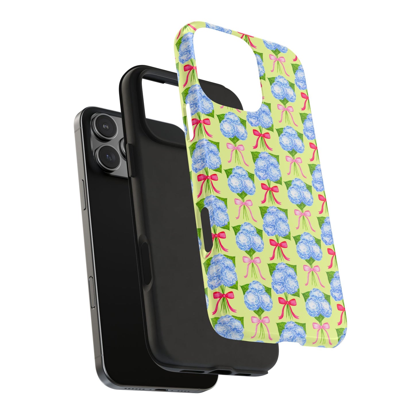 Watercolor Blue Hydrangea Bouquets with Hot Pink and Light Pink Bow Ribbons Illustrated Pattern Yellow Tough Phone Case | Various Models