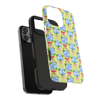 Watercolor Blue Hydrangea Bouquets with Hot Pink and Light Pink Bow Ribbons Illustrated Pattern Yellow Tough Phone Case | Various Models