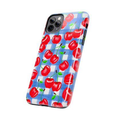 Tossed Red Cherries Blue Gingham Checkered Watercolor Illustrated Tough Phone Case | Various Models