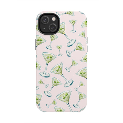 Watercolor Blue and Green Martinis Tossed Illustrated Pattern Blush Pink Tough Phone Case | Various Models