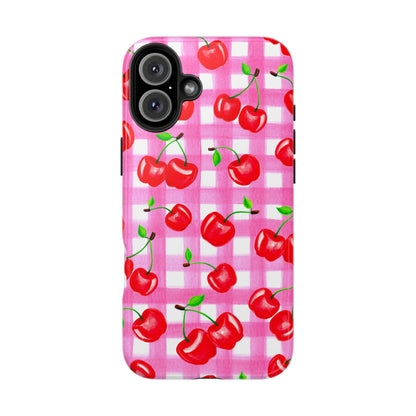 Tossed Red Watercolor Cherries Illustrated Pattern Light Pink Gingham Tough Phone Case | Various Models