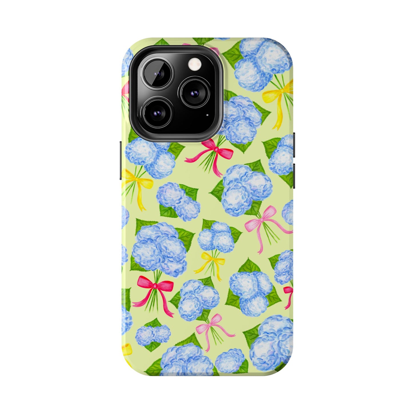 Blue Watercolor Hydrangea Bunches with Hot Pink, Yellow, Light Pink Bows Illustrated Patterned Yellow Tough Phone Case | Various Models