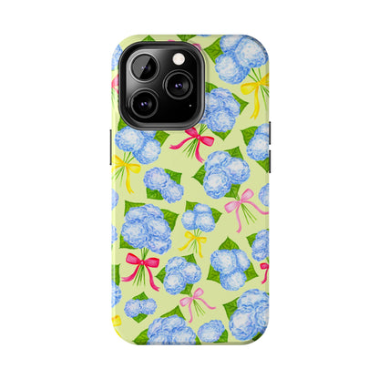 Blue Watercolor Hydrangea Bunches with Hot Pink, Yellow, Light Pink Bows Illustrated Patterned Yellow Tough Phone Case | Various Models