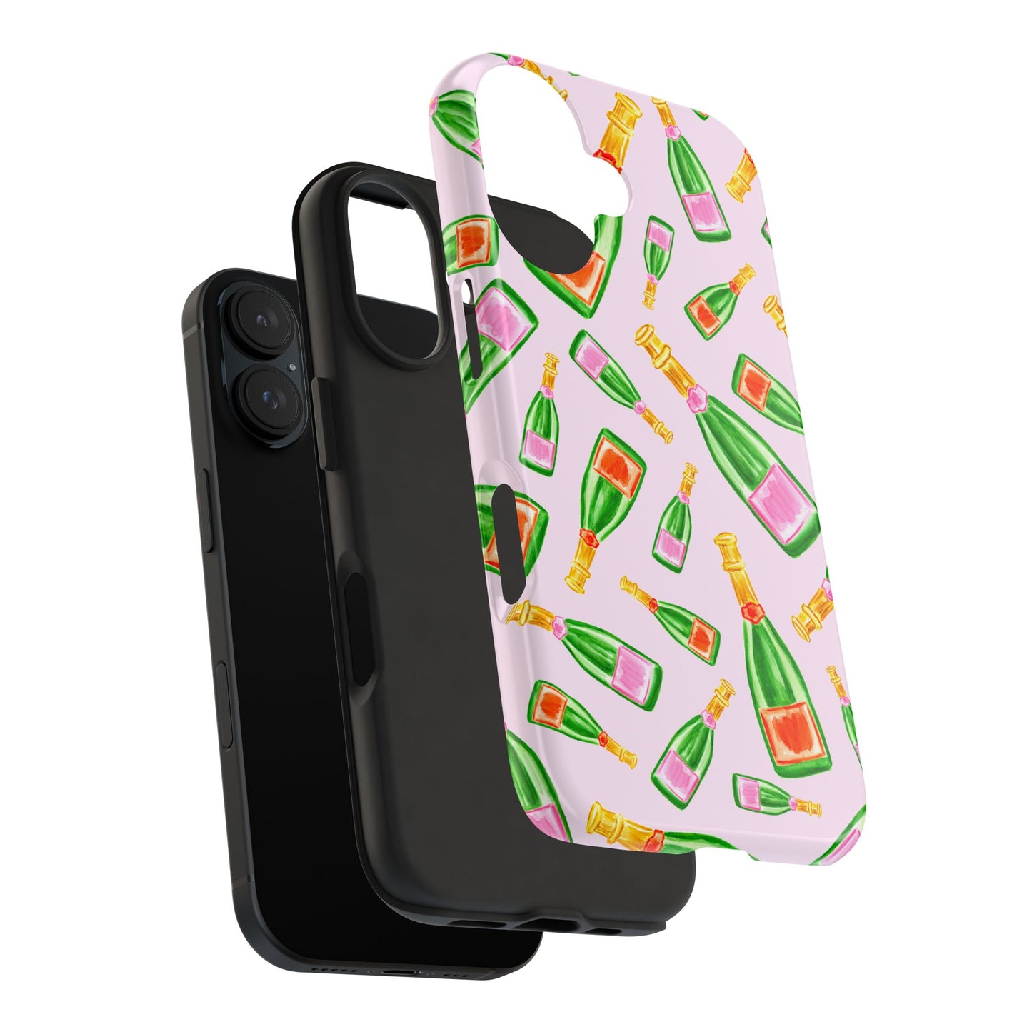 Tossed Pink and Green & Orange and Green Watercolor Illustrated Champagne Bottles Pattern Blush Pink Tough Phone Case | Various Models