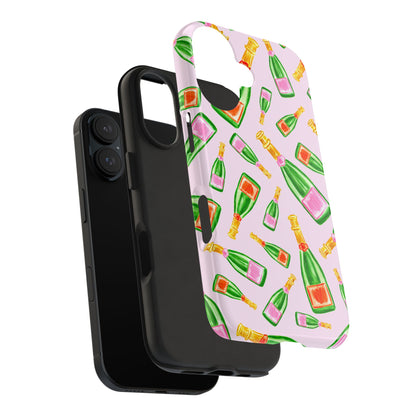 Tossed Pink and Green & Orange and Green Watercolor Illustrated Champagne Bottles Pattern Blush Pink Tough Phone Case | Various Models