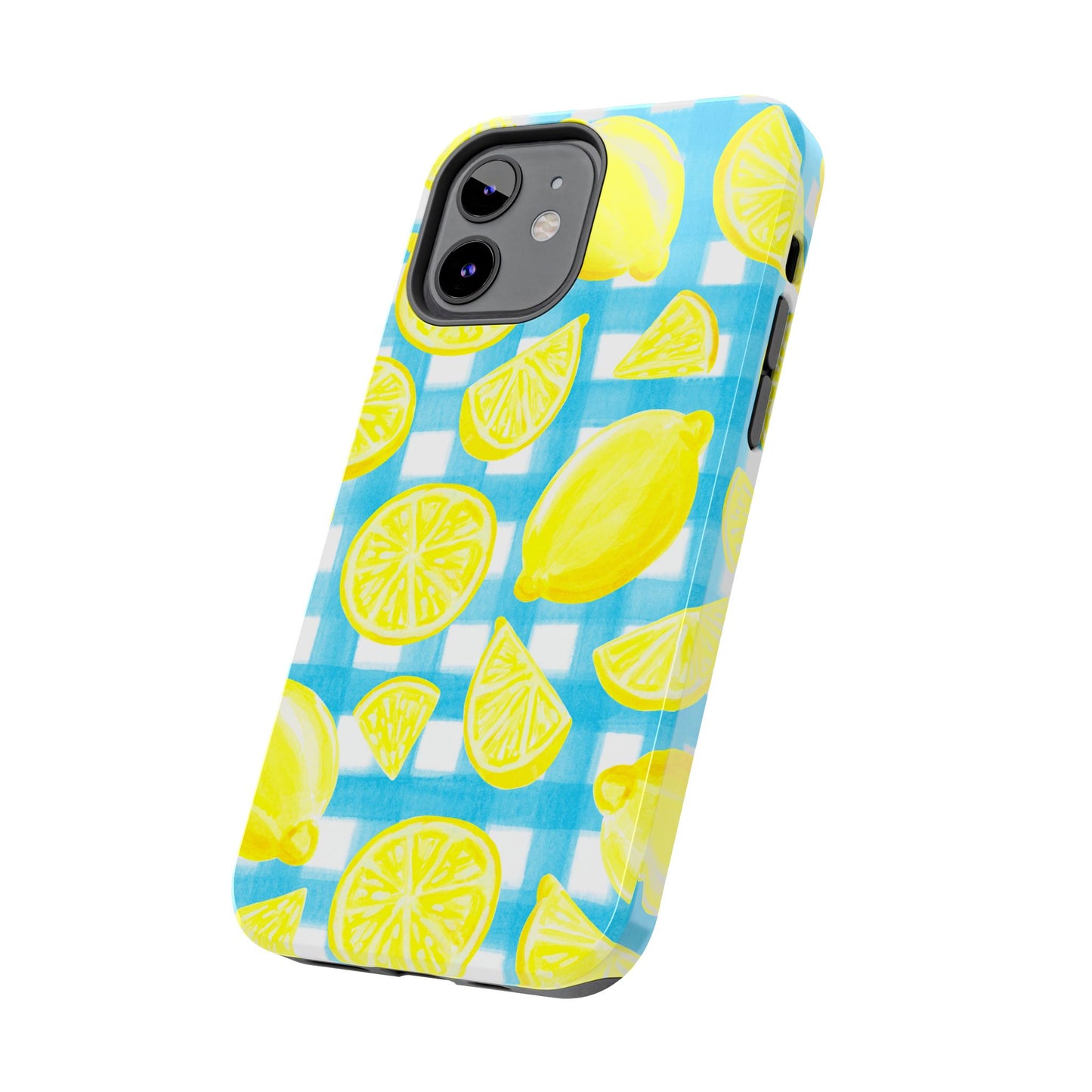 Yellow Lemons & Turquoise Gingham Watercolor Illustrated Tough Phone Case | Various Models Available