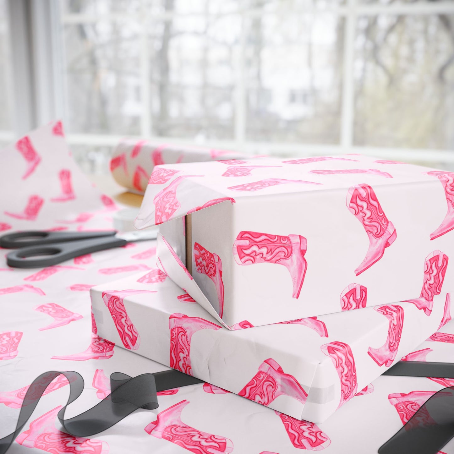 Gift Wrap | Watercolor Hot Pink Cowboy Boots Tossed Pattern | Matte or Glossy