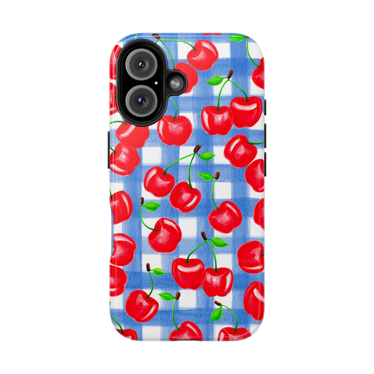 Tossed Red Cherries Blue Gingham Checkered Watercolor Illustrated Tough Phone Case | Various Models