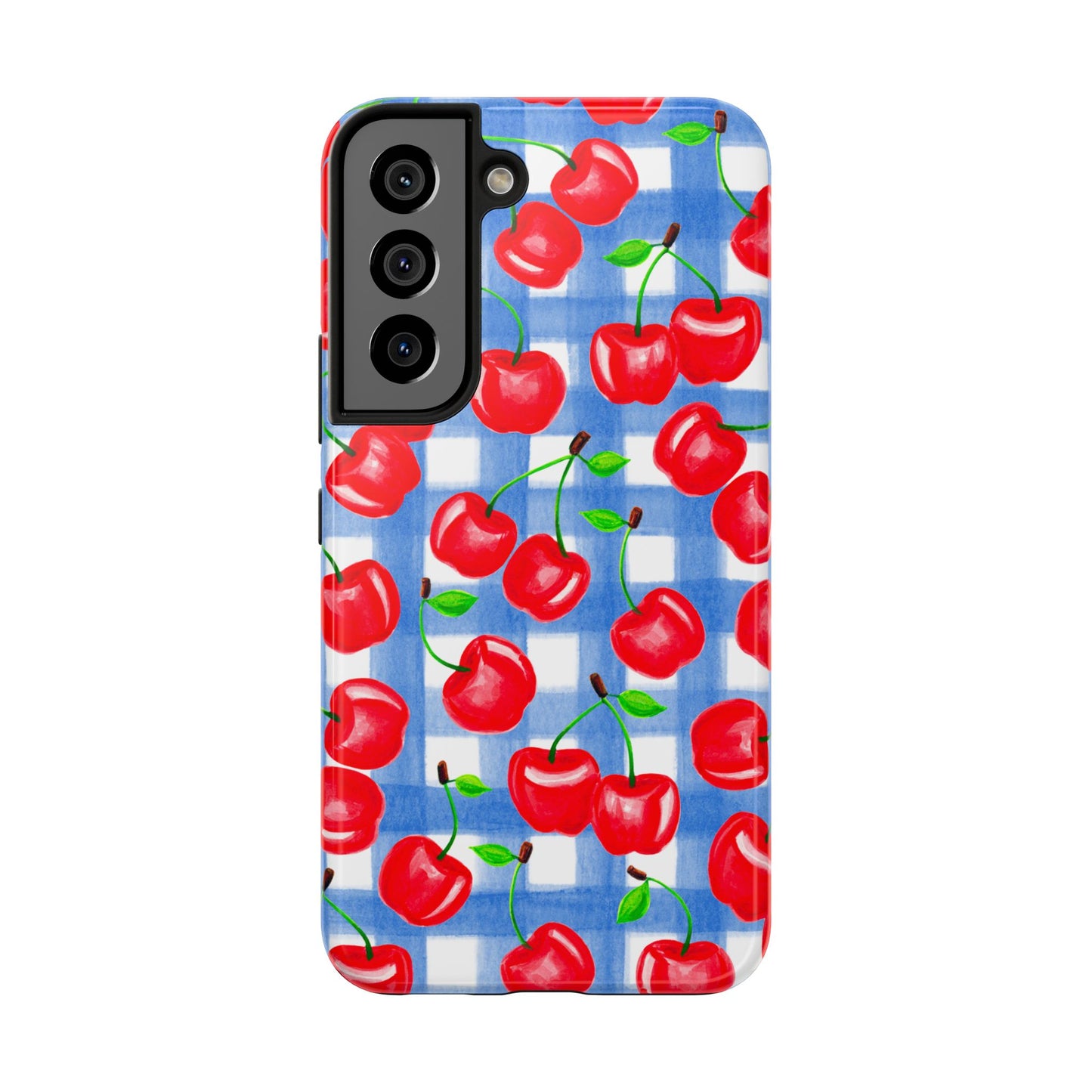 Tossed Red Cherries Blue Gingham Checkered Watercolor Illustrated Tough Phone Case | Various Models