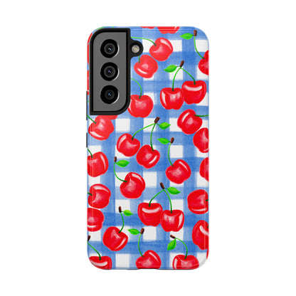 Tossed Red Cherries Blue Gingham Checkered Watercolor Illustrated Tough Phone Case | Various Models