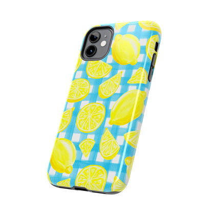 Bright Yellow Lemons Watercolor Illustrated Tossed Pattern Turquoise Gingham Tough Phone Case | Various Models
