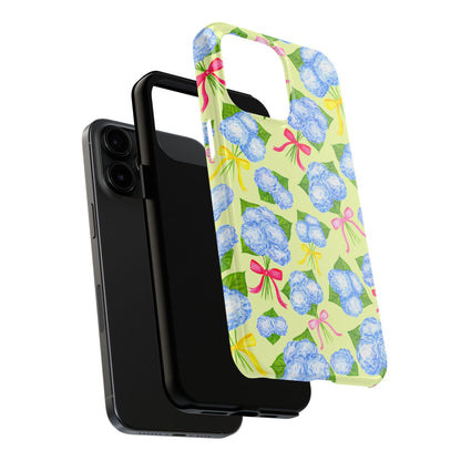 Blue Watercolor Hydrangea Bunches with Hot Pink, Yellow, Light Pink Bows Illustrated Patterned Yellow Tough Phone Case | Various Models