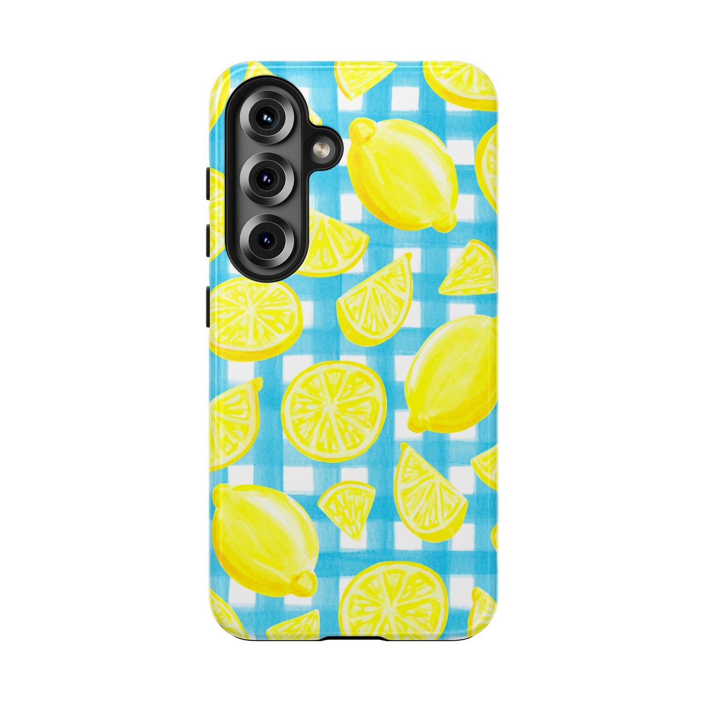 Bright Yellow Lemons Watercolor Illustrated Tossed Pattern Turquoise Gingham Tough Phone Case | Various Models