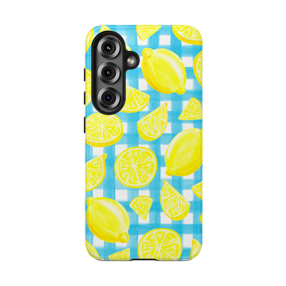 Bright Yellow Lemons Watercolor Illustrated Tossed Pattern Turquoise Gingham Tough Phone Case | Various Models