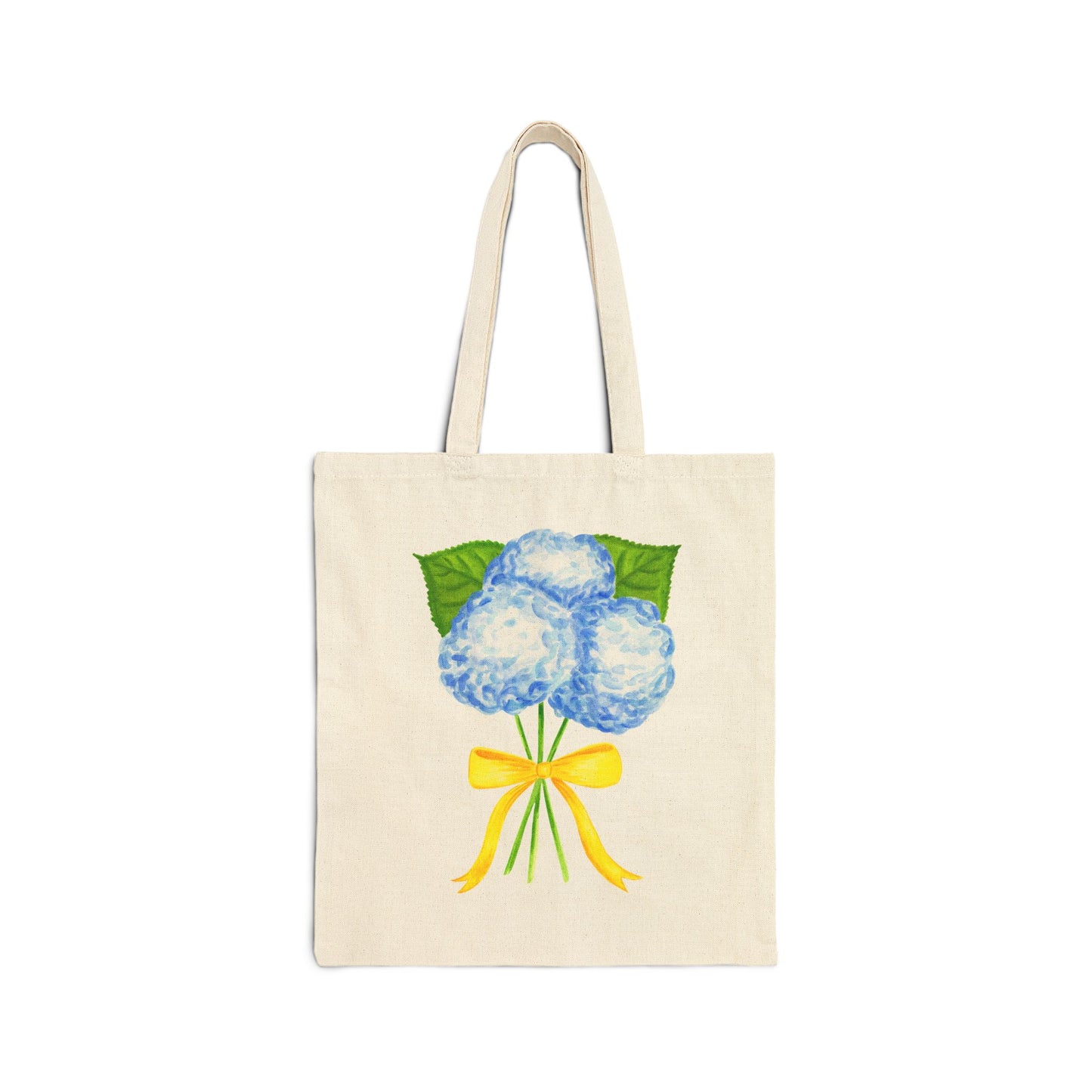 Canvas Book Tote | Blue Hydrangeas with Yellow Bow Watercolor Printed Farmers Market Tote | Coastal Preppy Gift