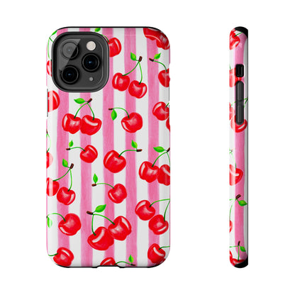 Tossed Red Watercolor Cherries Illustrated Pattern Light Pink Stripes Tough Phone Case | Various Models