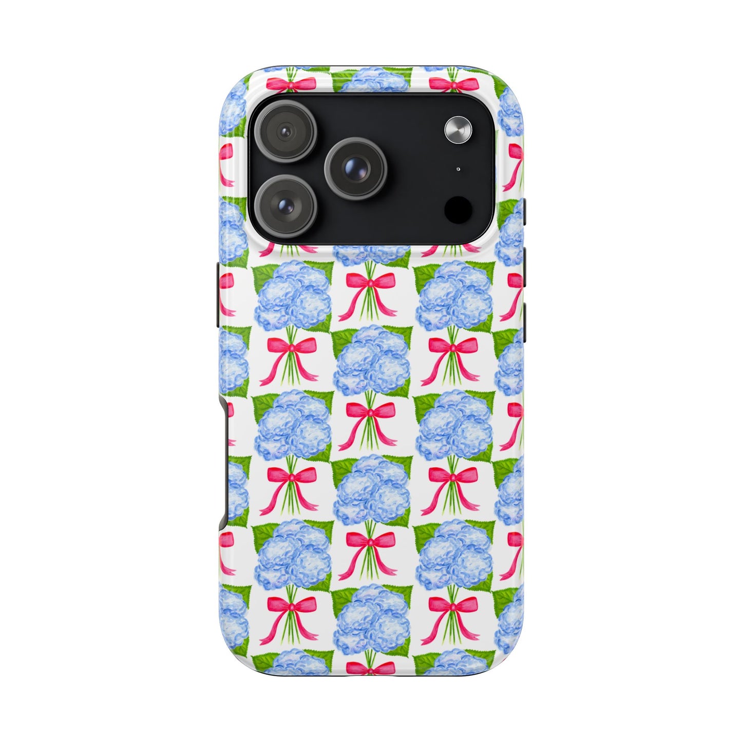 Blue Watercolor Hydrangea Bouquets with Hot Pink Bows Illustrated Patterned Tough Phone Case | Various Models