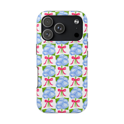 Blue Watercolor Hydrangea Bouquets with Hot Pink Bows Illustrated Patterned Tough Phone Case | Various Models