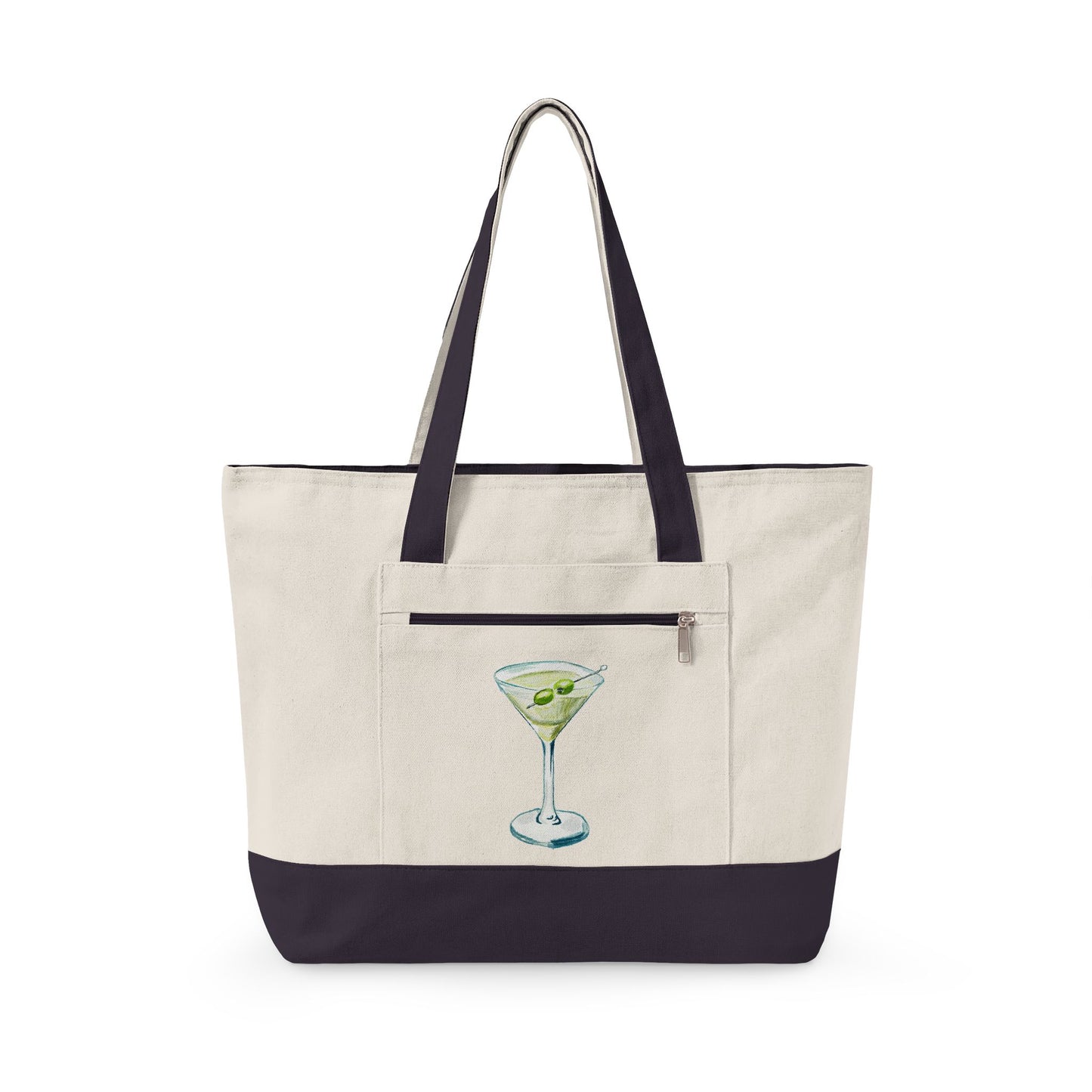 Blue Green Watercolor Martini Printed Zippered Canvas Tote 18" x 14" | Various Colors 18" x 14" x 4.5" Natural Navy