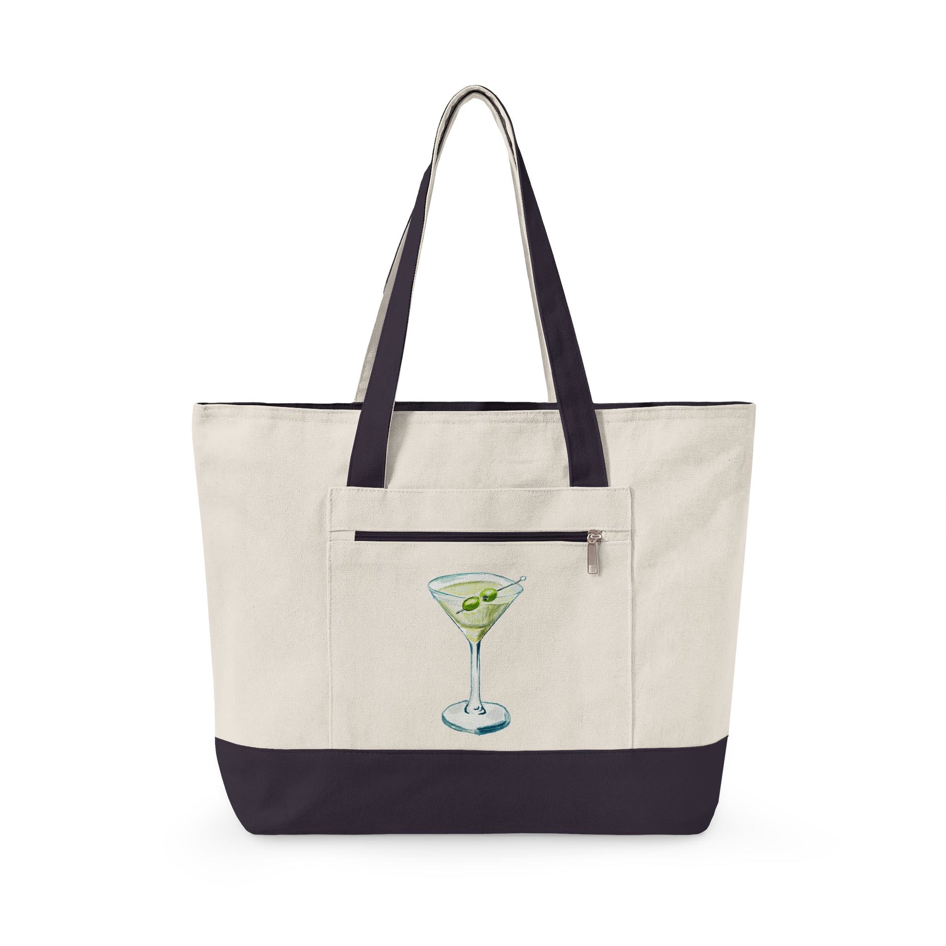 Blue Green Watercolor Martini Printed Zippered Canvas Tote 18" x 14" | Various Colors 18" x 14" x 4.5" Natural Navy