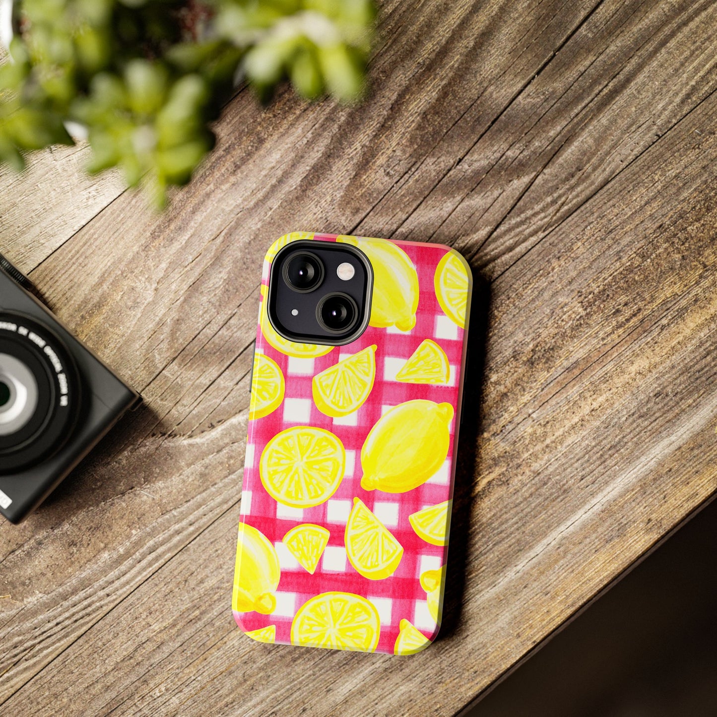 Yellow Lemons & Hot Pink Gingham Watercolor Illustrated Tough Phone Case | Various Models Available