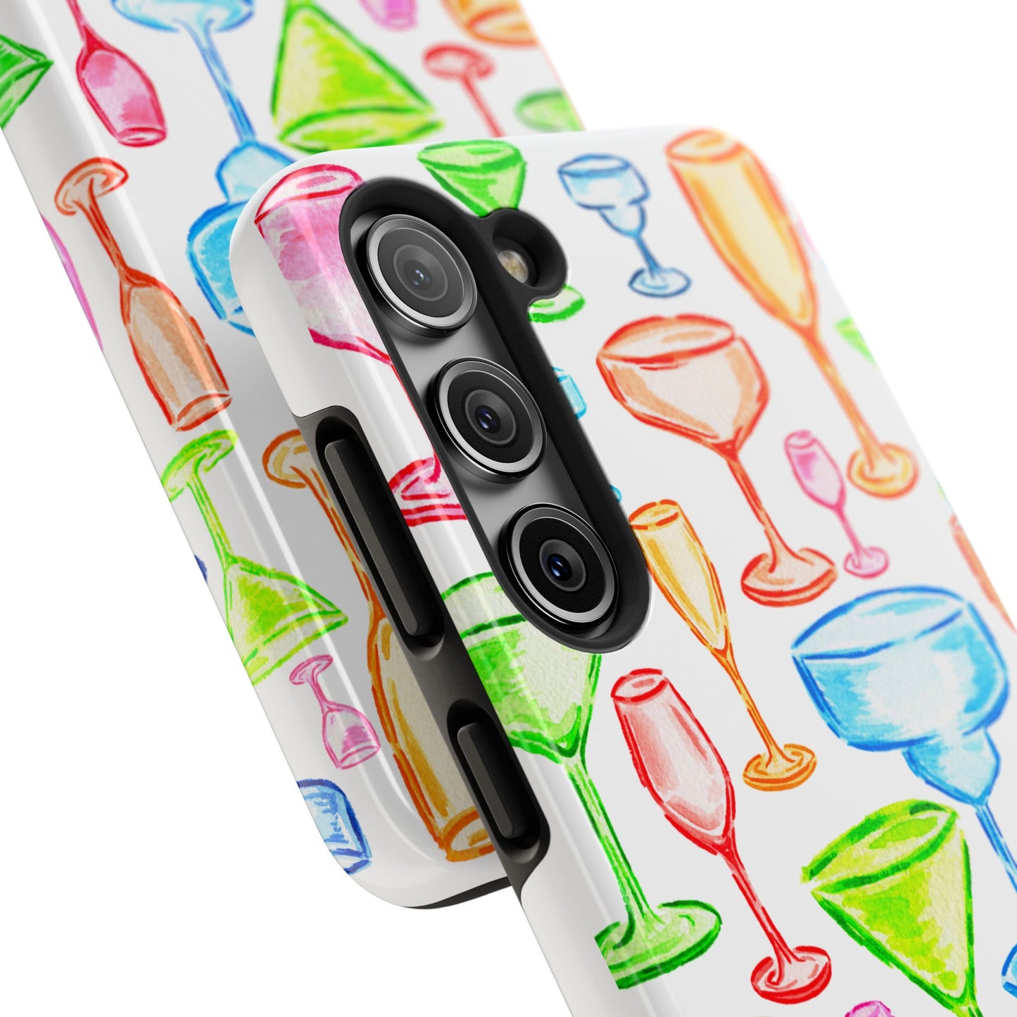 Monochromatic Margarita, Wine, Martini, and Champagne Flute Cocktail Glasses Watercolor Illustrated Tough Phone Case | Various Models Available