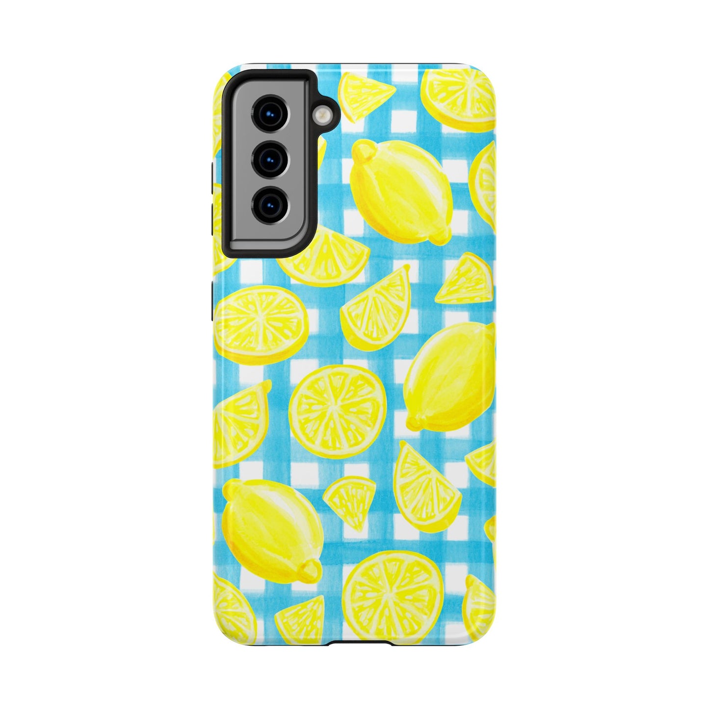 Bright Yellow Lemons Watercolor Illustrated Tossed Pattern Turquoise Gingham Tough Phone Case | Various Models