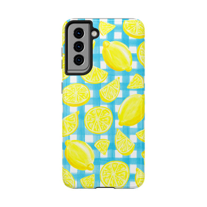 Bright Yellow Lemons Watercolor Illustrated Tossed Pattern Turquoise Gingham Tough Phone Case | Various Models