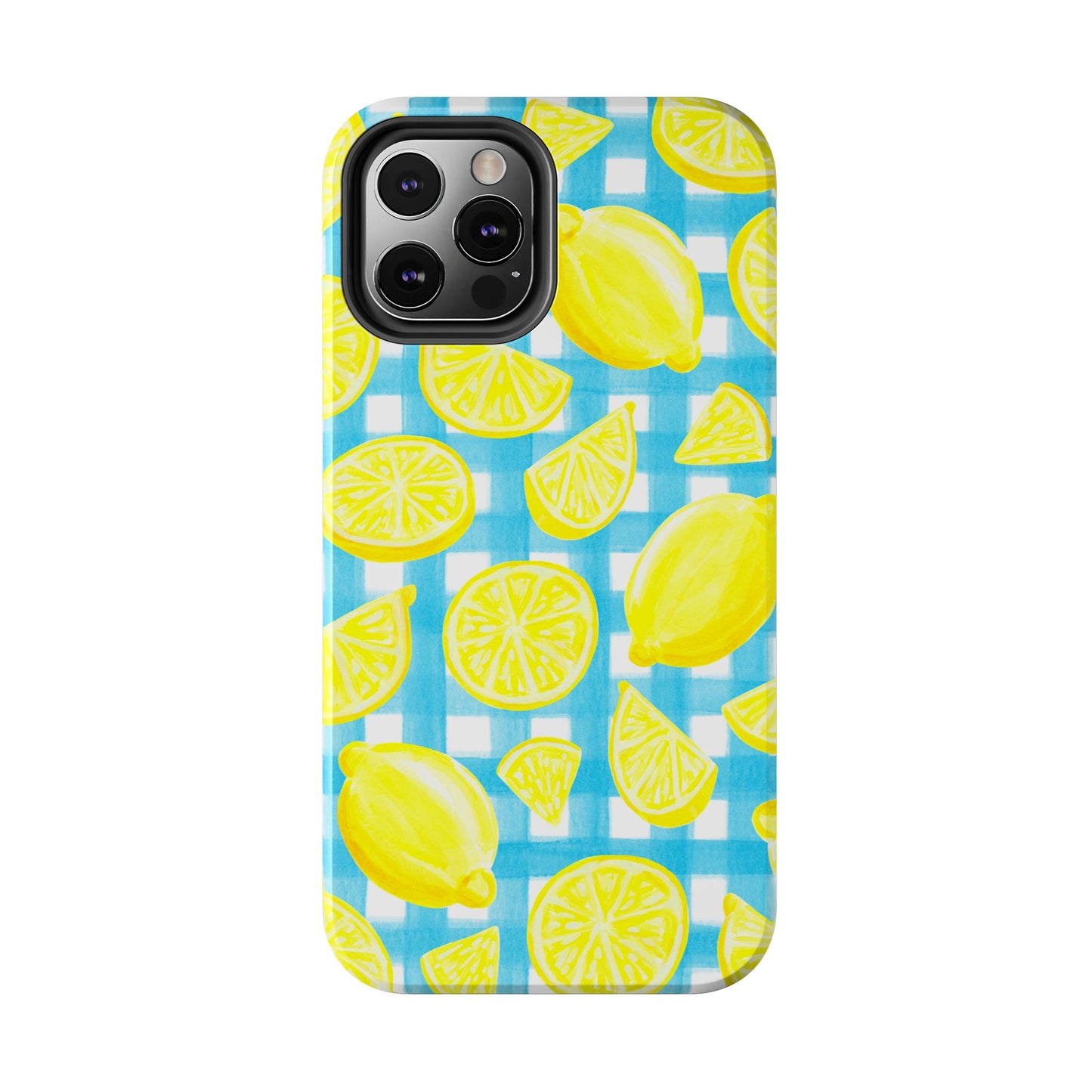 Bright Yellow Lemons Watercolor Illustrated Tossed Pattern Turquoise Gingham Tough Phone Case | Various Models