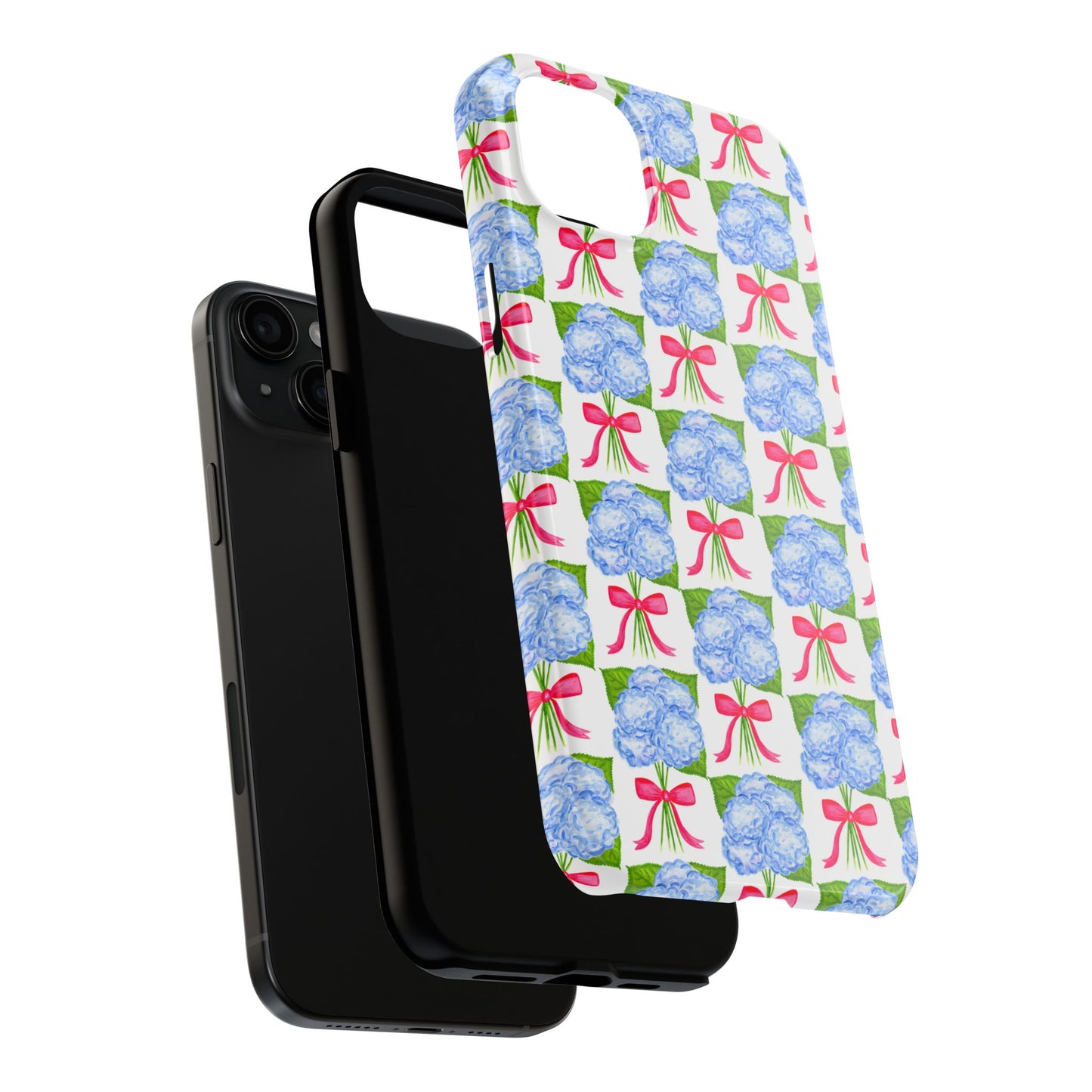 Blue Watercolor Hydrangea Bouquets with Hot Pink Bows Illustrated Patterned Tough Phone Case | Various Models
