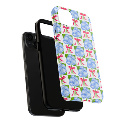 Blue Watercolor Hydrangea Bouquets with Hot Pink Bows Illustrated Patterned Tough Phone Case | Various Models