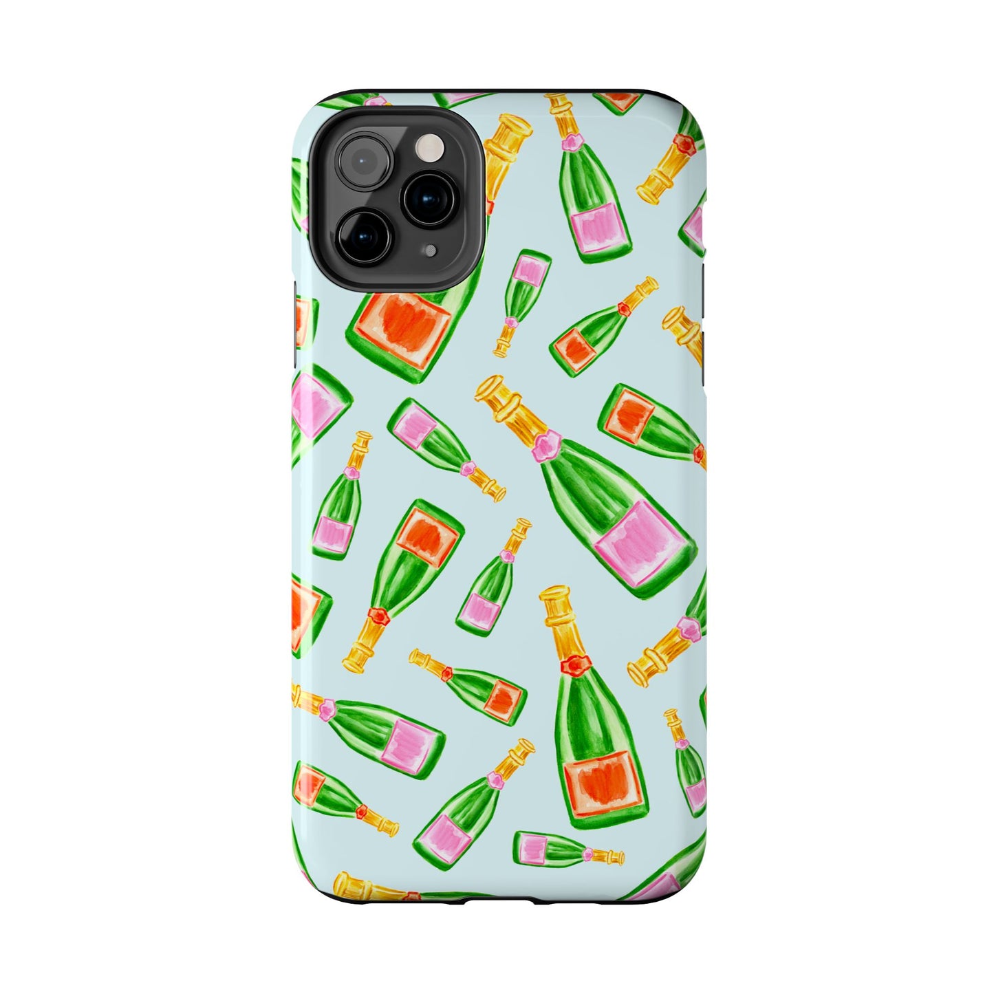 Tossed Pink and Green & Orange and Green Watercolor Illustrated Champagne Bottles Pattern Light Blue Tough Phone Case | Various Models