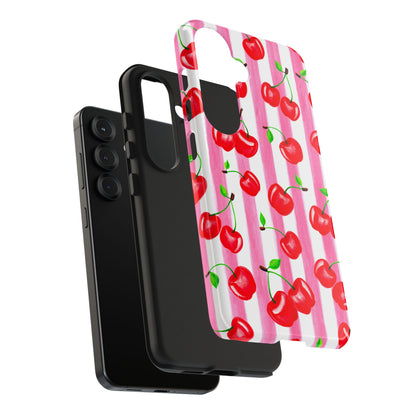 Tossed Red Watercolor Cherries Illustrated Pattern Light Pink Stripes Tough Phone Case | Various Models