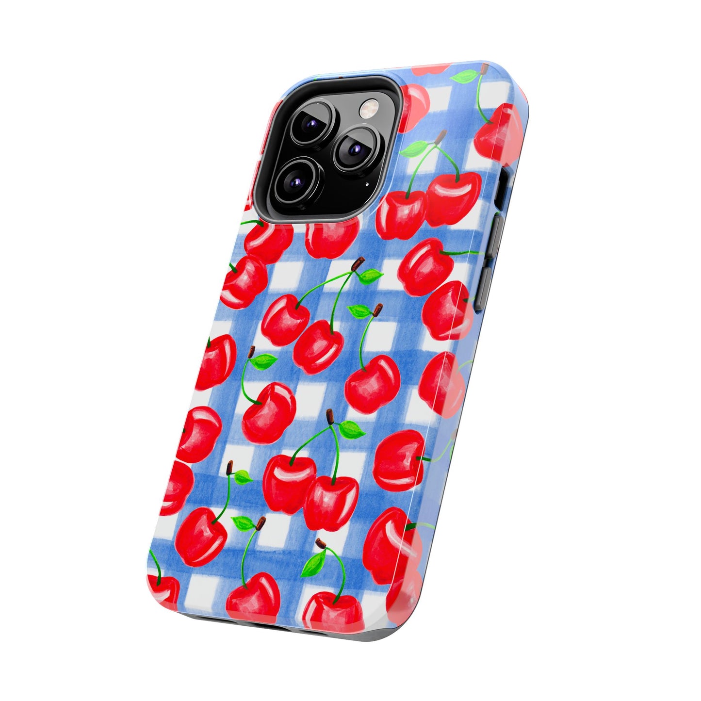 Tossed Red Cherries Blue Gingham Checkered Watercolor Illustrated Tough Phone Case | Various Models