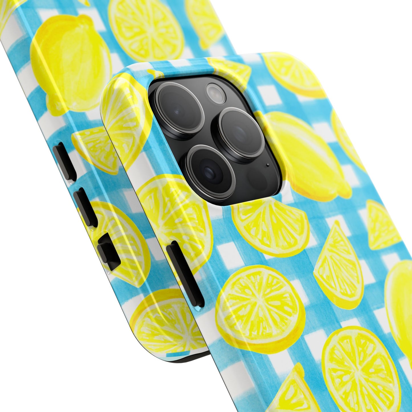 Bright Yellow Lemons Watercolor Illustrated Tossed Pattern Turquoise Gingham Tough Phone Case | Various Models