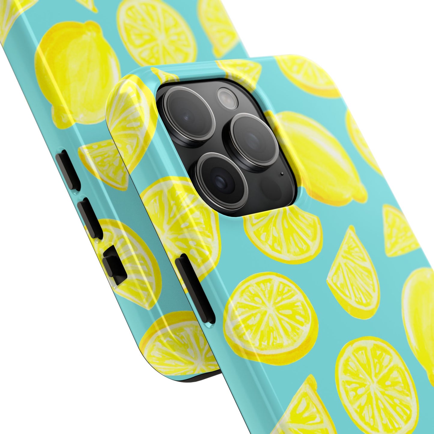 Bright Yellow Lemons Watercolor Illustrated Tossed Pattern Turquoise Blue Tough Phone Case | Various Models
