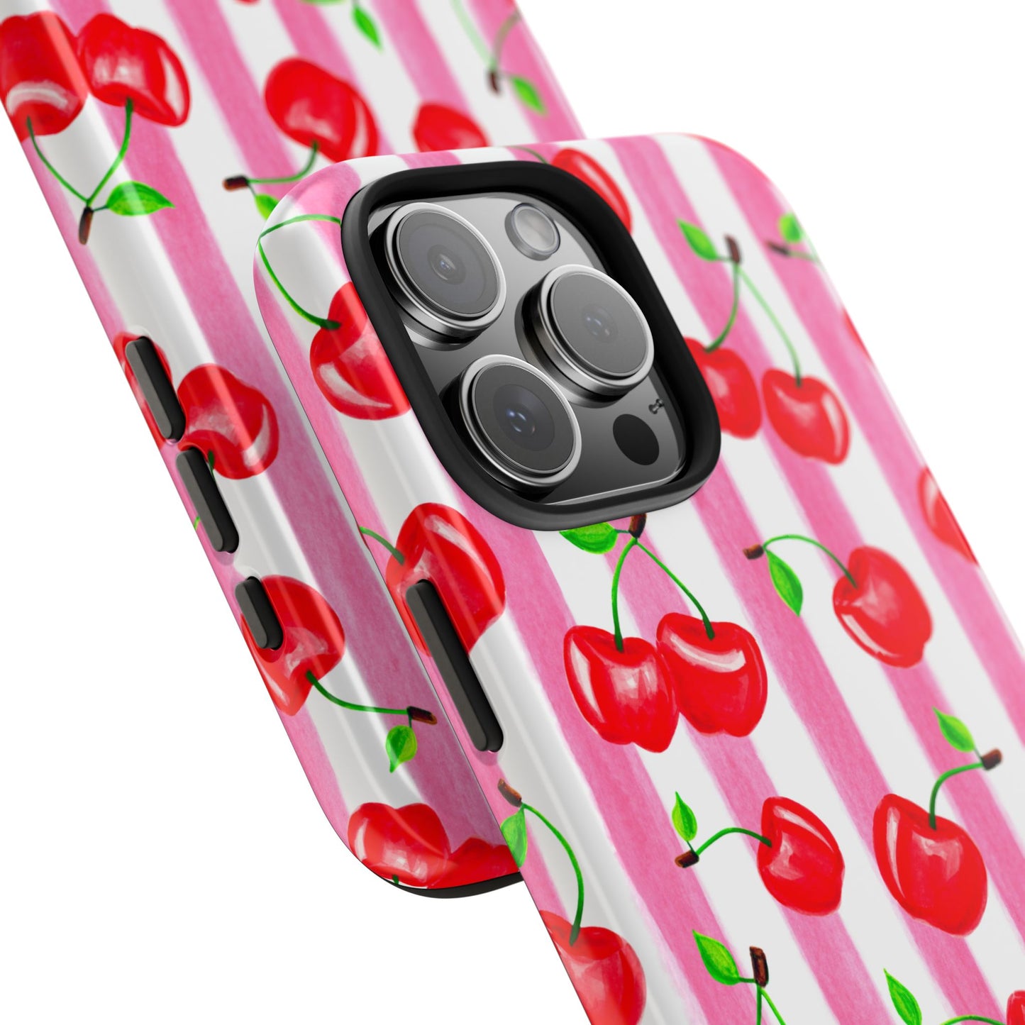 Tossed Red Watercolor Cherries Illustrated Pattern Light Pink Stripes Tough Phone Case | Various Models