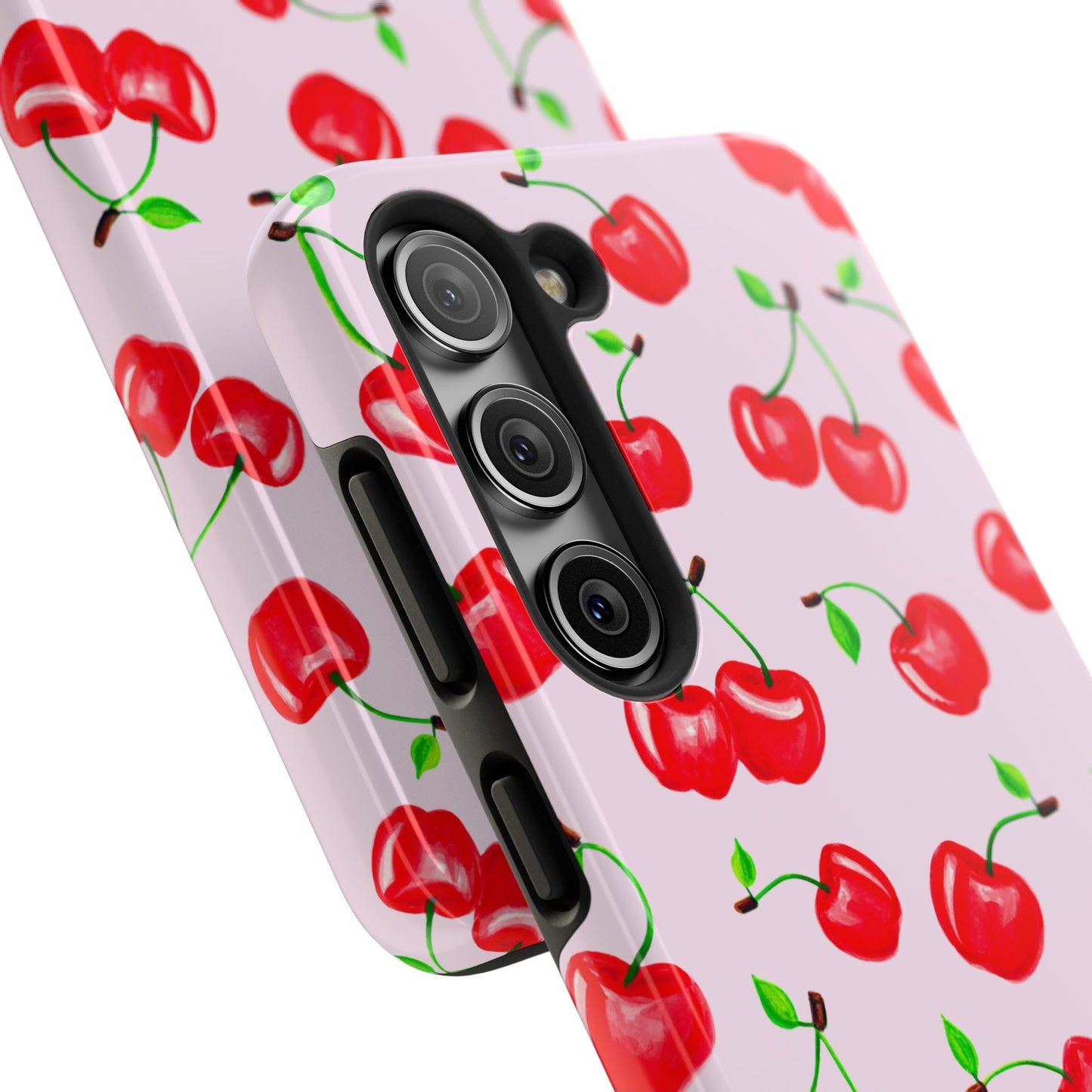 Tossed Red Watercolor Cherries Illustrated Pattern Light Pink Tough Phone Case | Various Models