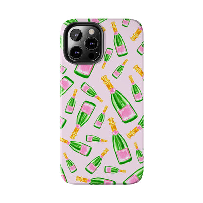 Tossed Pink and Green Watercolor Illustrated Champagne Bottles Pattern Blush Pink Tough Phone Case | Various Models