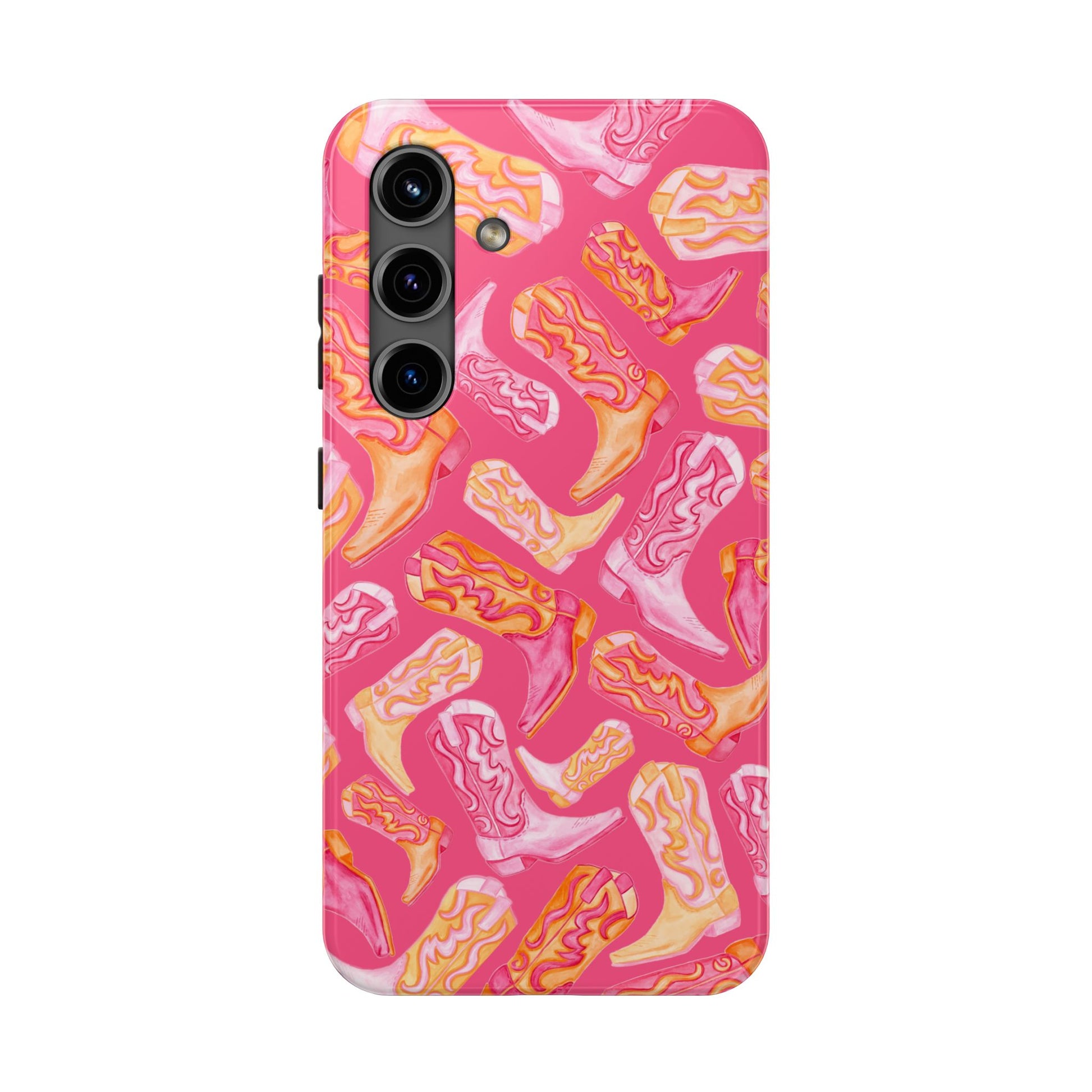 Tossed Hot Pink & Orange Watercolor Cowboy Boots Hot Pink Tough Phone Cases | Various Models Samsung Galaxy S24