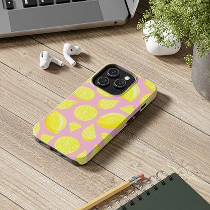 Bright Yellow Lemons Watercolor Illustrated Tossed Pattern Light Pink Tough Phone Case | Various Models