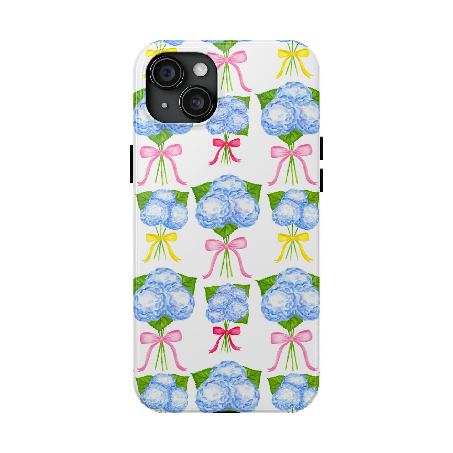 Blue Hydrangeas with Hot Pink, Yellow, Light Pink Bows Watercolor Illustrated Patterned Tough Phone Case | Various Models
