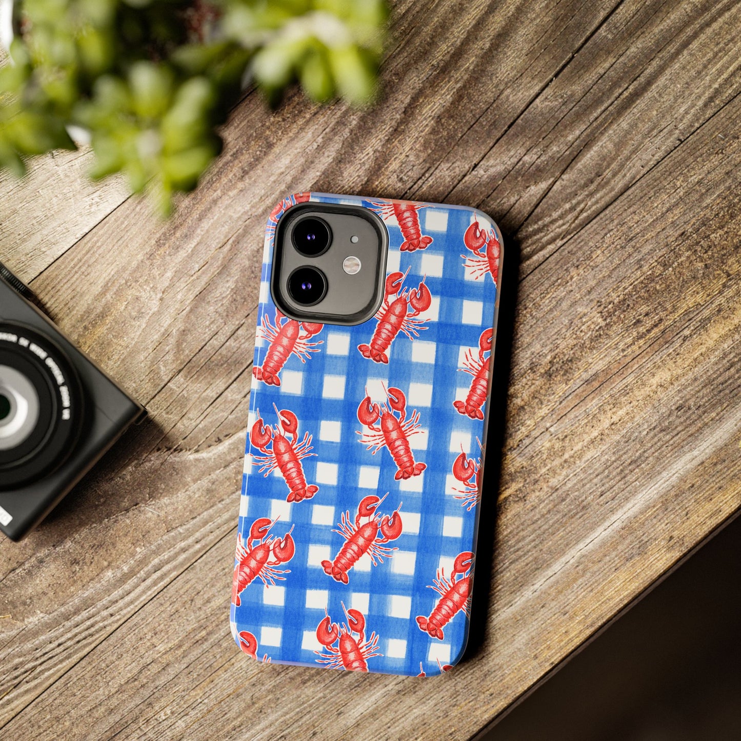 Blue Gingham Red Lobster Watercolor Patterned Phone Case | Various Models