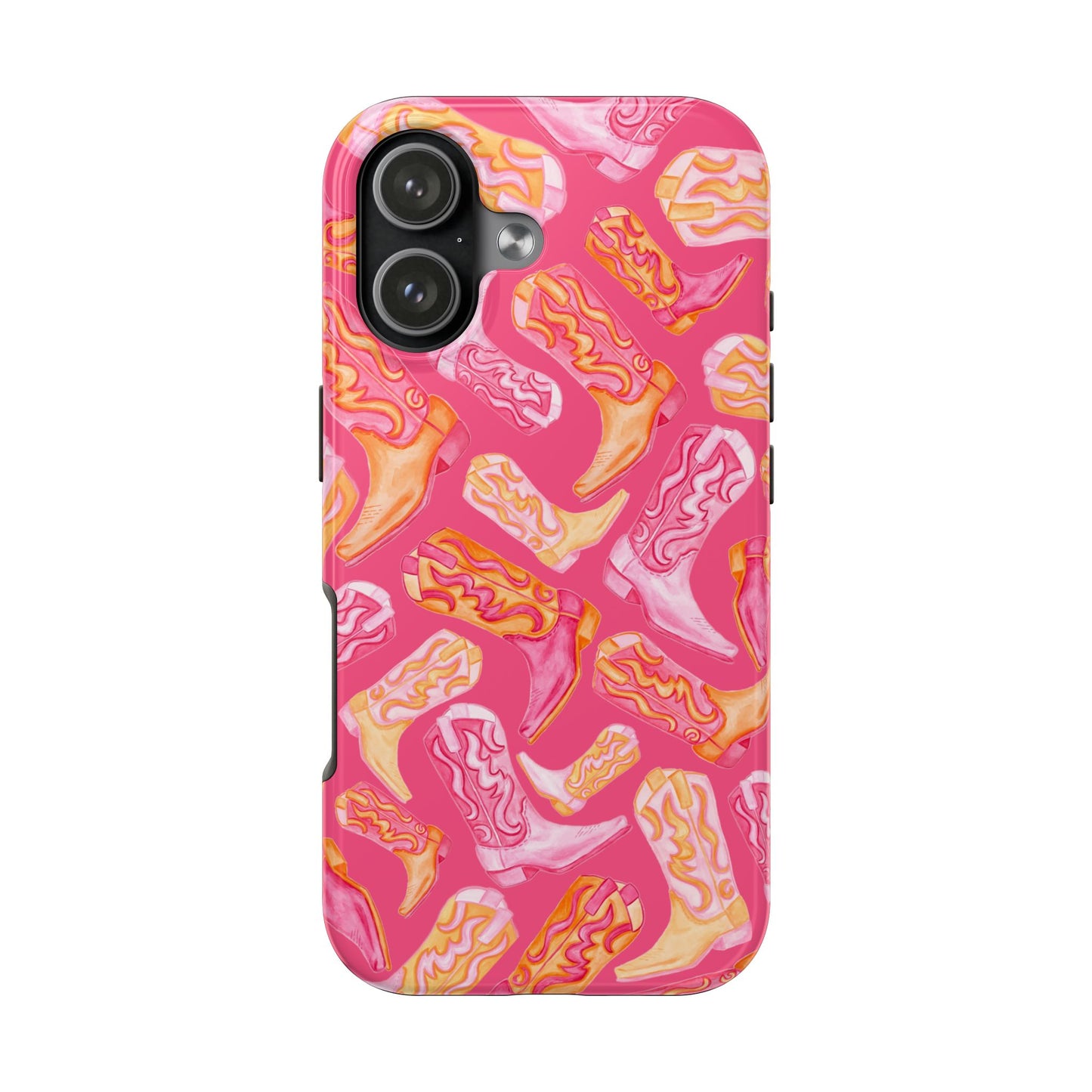 Tossed Hot Pink & Orange Watercolor Cowboy Boots Hot Pink Tough Phone Cases | Various Models iPhone 17