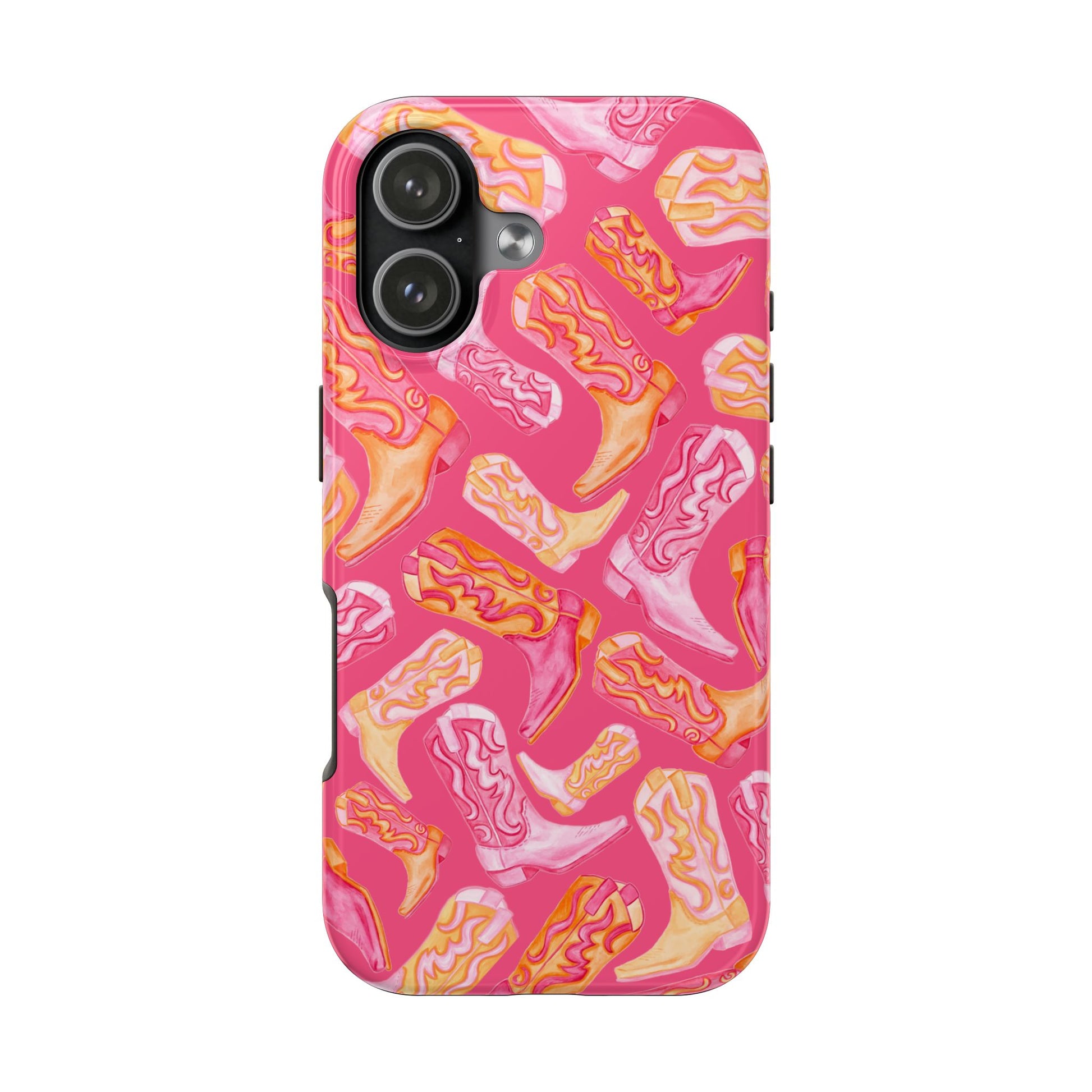 Tossed Hot Pink & Orange Watercolor Cowboy Boots Hot Pink Tough Phone Cases | Various Models iPhone 17