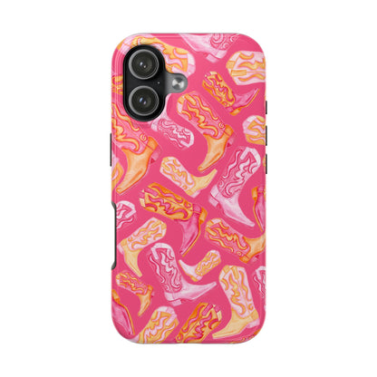 Tossed Hot Pink & Orange Watercolor Cowboy Boots Hot Pink Tough Phone Cases | Various Models iPhone 17