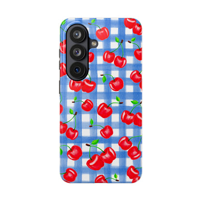 Tossed Red Watercolor Illustrated Cherries Light Blue Gingham Tough Phone Case | Various Models