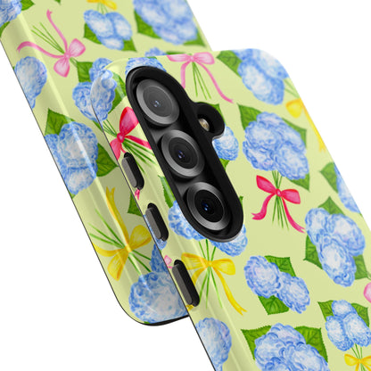 Blue Watercolor Hydrangea Bunches with Hot Pink, Yellow, Light Pink Bows Illustrated Patterned Yellow Tough Phone Case | Various Models