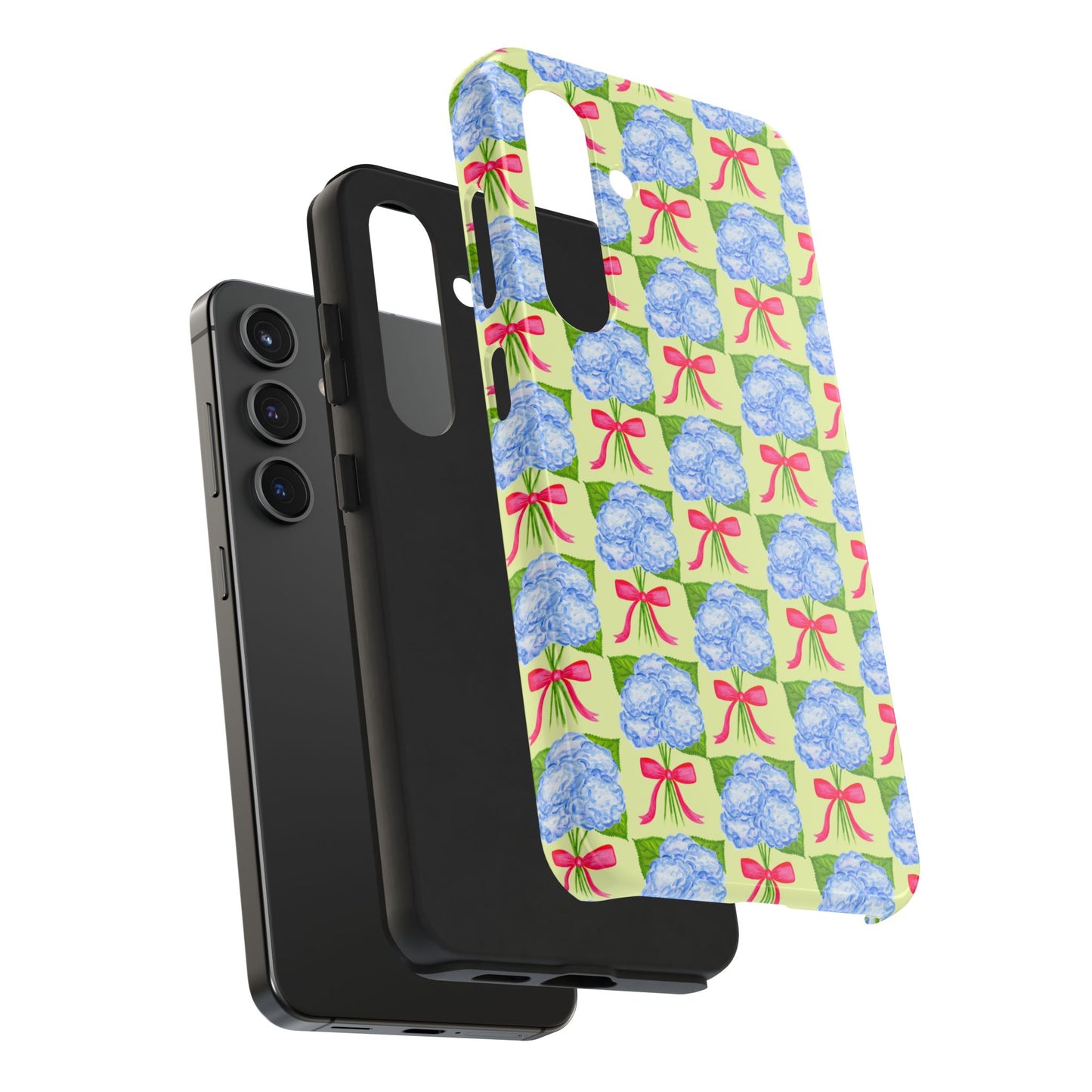 Blue Watercolor Hydrangea Bouquets with Hot Pink Bows Illustrated Patterned Yellow Preppy Grand Millenial Tough Phone Case | Various Models